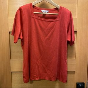 Exclusively Misook Top Women’s Large Red Short Sleeve Square‎ Neck Knit Career